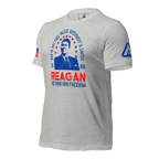 Athletic heather gray Ronald Reagan t-shirt, three-quarter view angled right, with a blue DIA logo on the left sleeve.