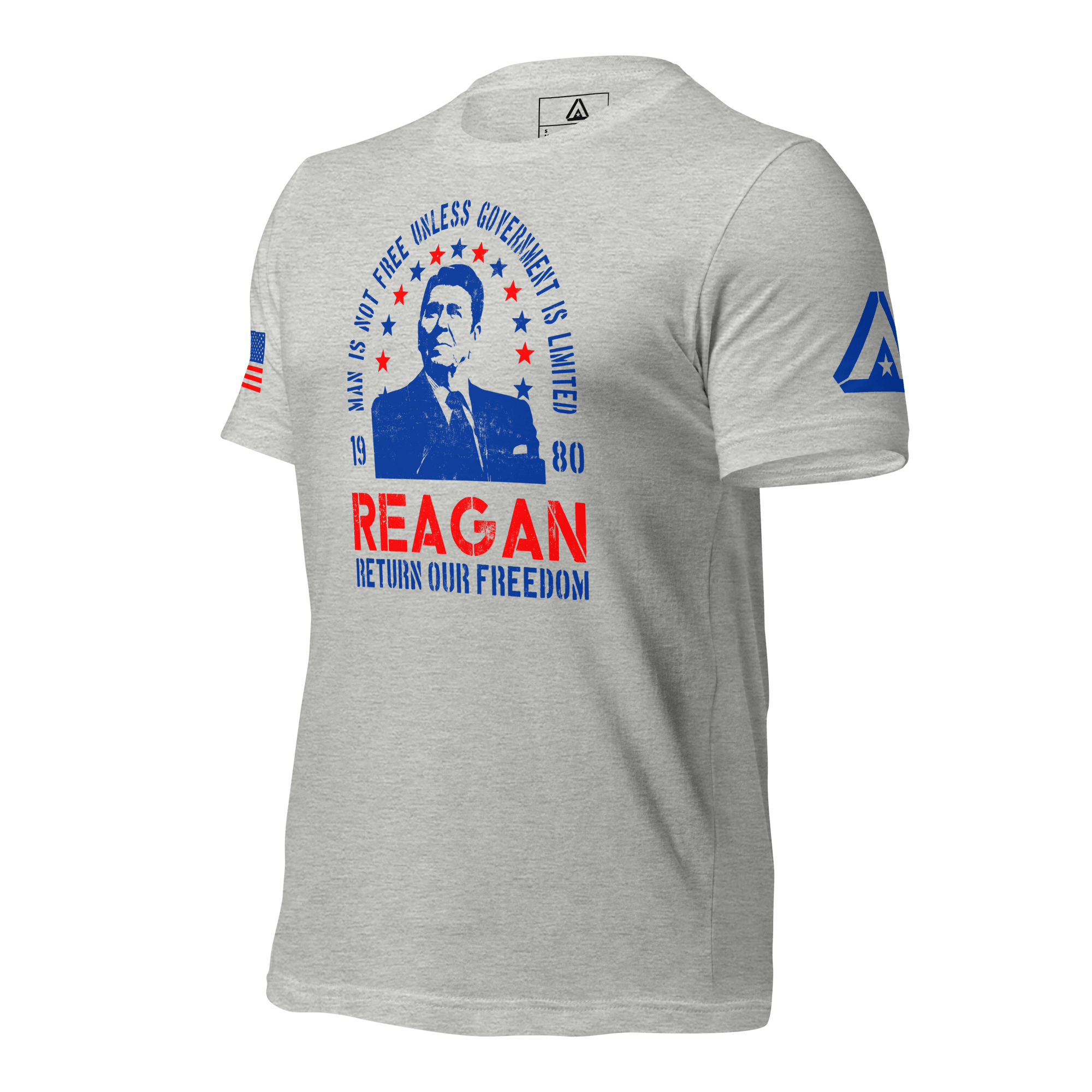 Athletic heather gray Ronald Reagan t-shirt, three-quarter view angled right, with a blue DIA logo on the left sleeve.
