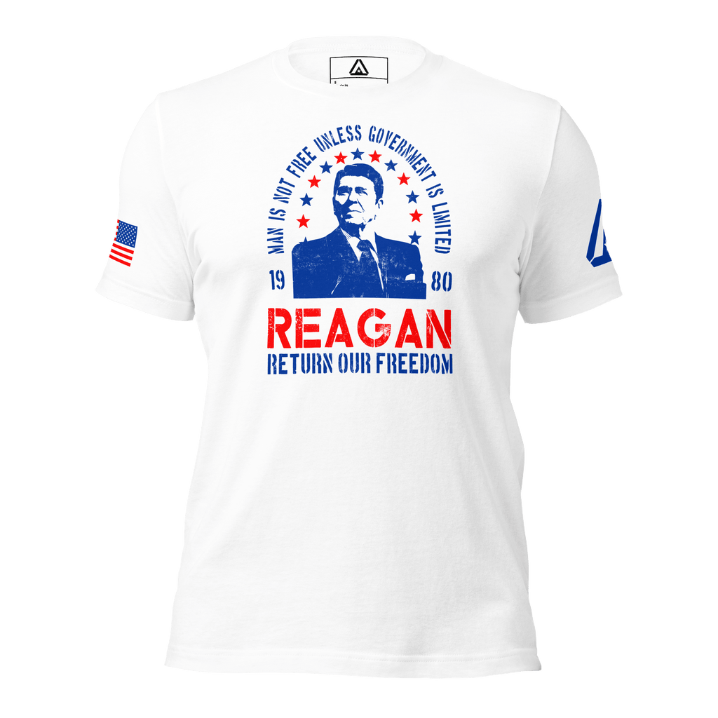 White Ronald Reagan t-shirt, front view, featuring an American flag on the right sleeve and a DIA logo on the left.