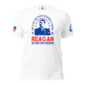 White Ronald Reagan t-shirt, front view, featuring an American flag on the right sleeve and a DIA logo on the left.