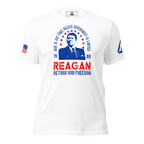 White Ronald Reagan t-shirt, front view, featuring an American flag on the right sleeve and a DIA logo on the left.