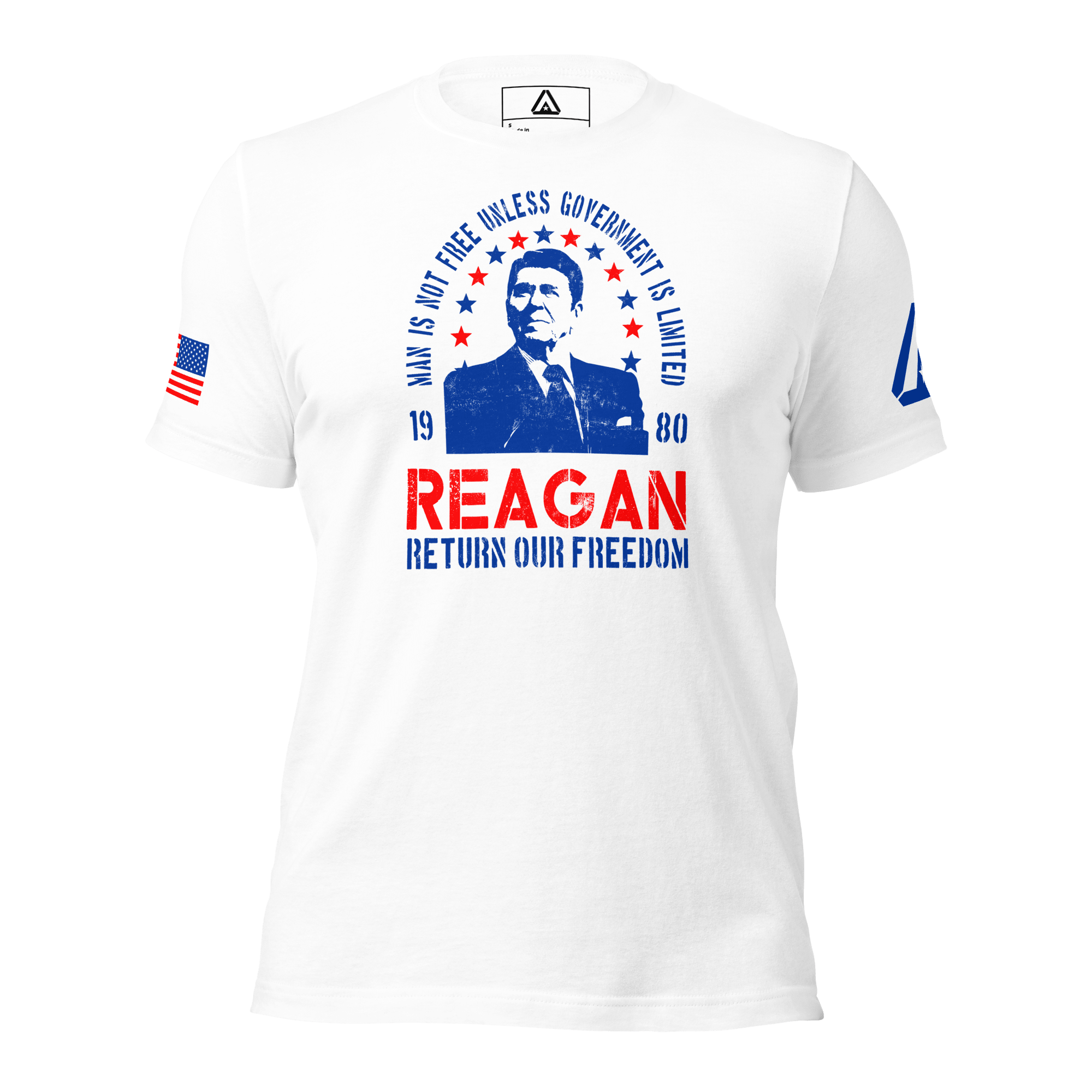 White Ronald Reagan t-shirt, front view, featuring an American flag on the right sleeve and a DIA logo on the left.