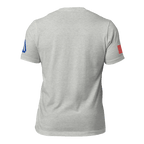 Athletic heather gray Ronald Reagan t-shirt, back view, with American flag on the left sleeve and blue DIA logo on the right.