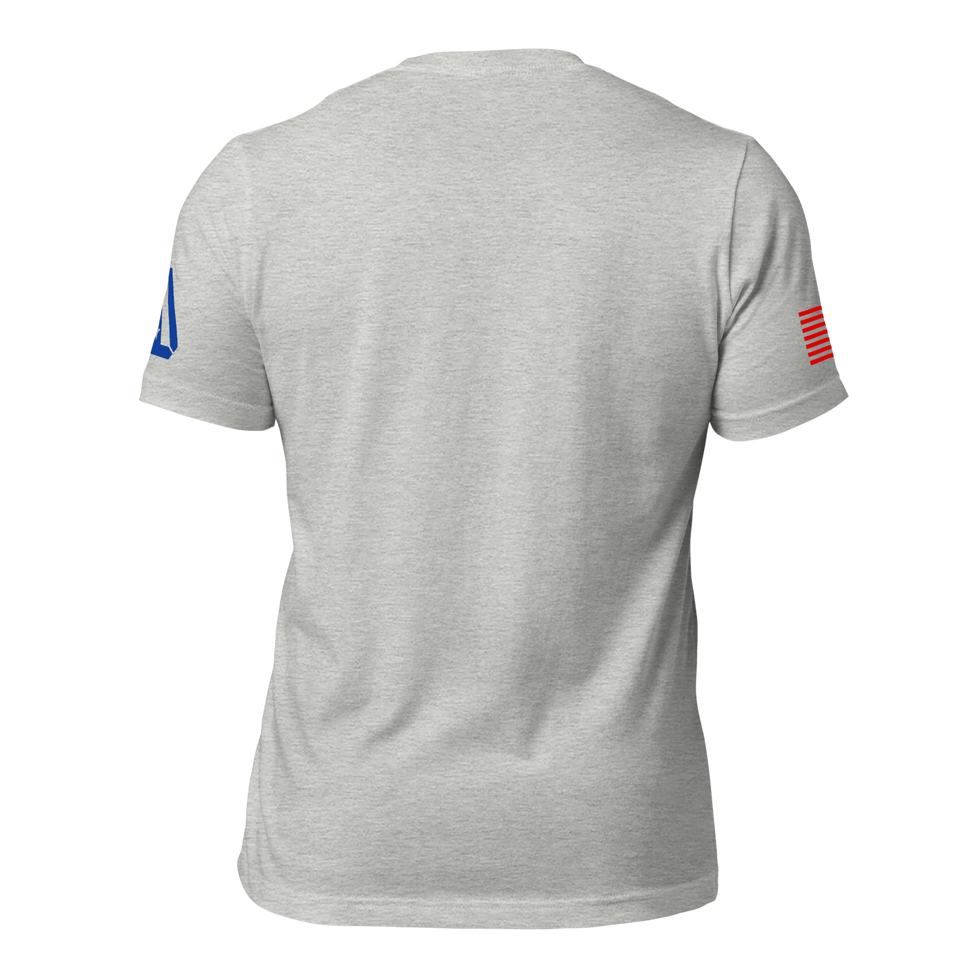 Athletic heather gray Ronald Reagan t-shirt, back view, with American flag on the left sleeve and blue DIA logo on the right.