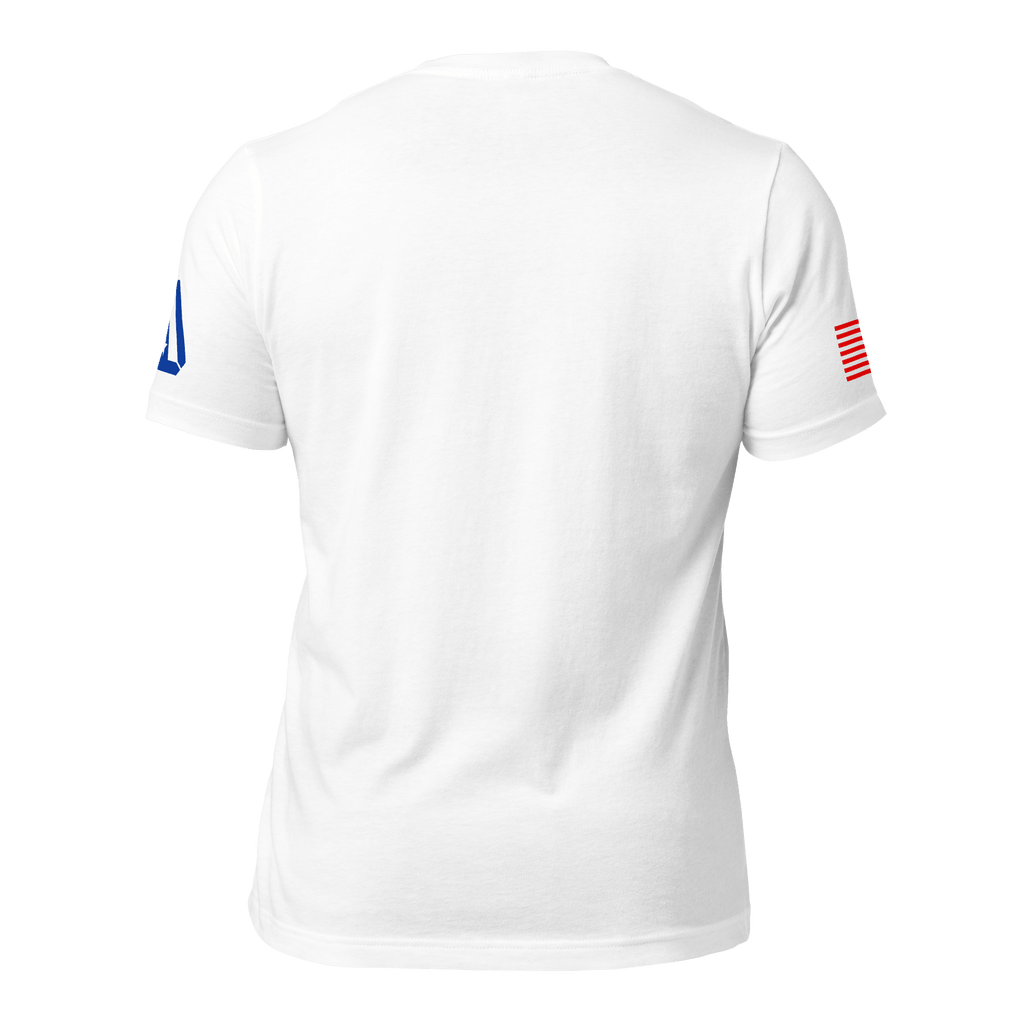 White Ronald Reagan t-shirt, back view, with an American flag on the left sleeve and a blue DIA logo on the right.