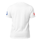 White Ronald Reagan t-shirt, back view, with an American flag on the left sleeve and a blue DIA logo on the right.