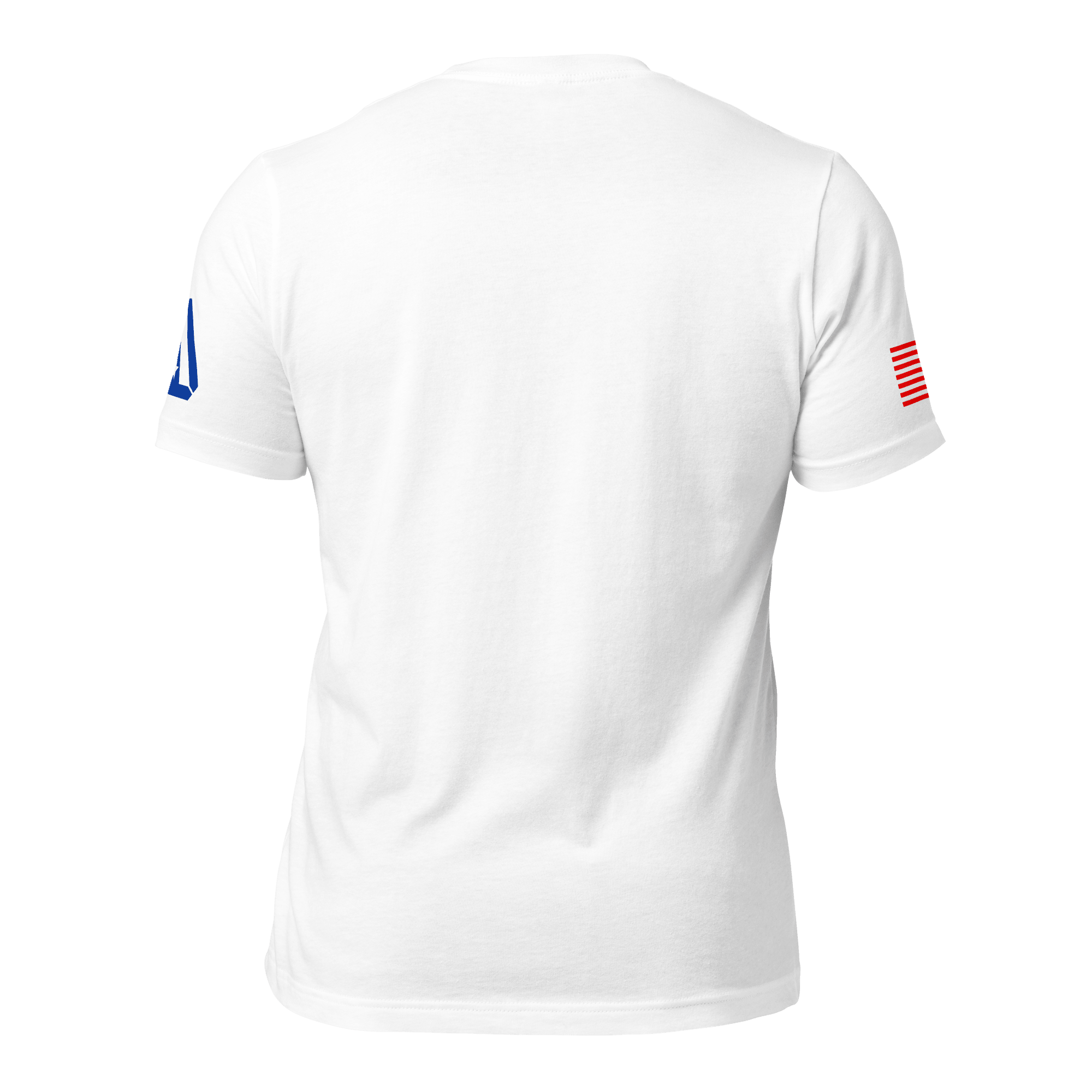 White Ronald Reagan t-shirt, back view, with an American flag on the left sleeve and a blue DIA logo on the right.