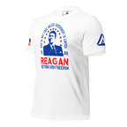 White Ronald Reagan t-shirt, three-quarter view angled right, with a blue DIA logo on the left sleeve.