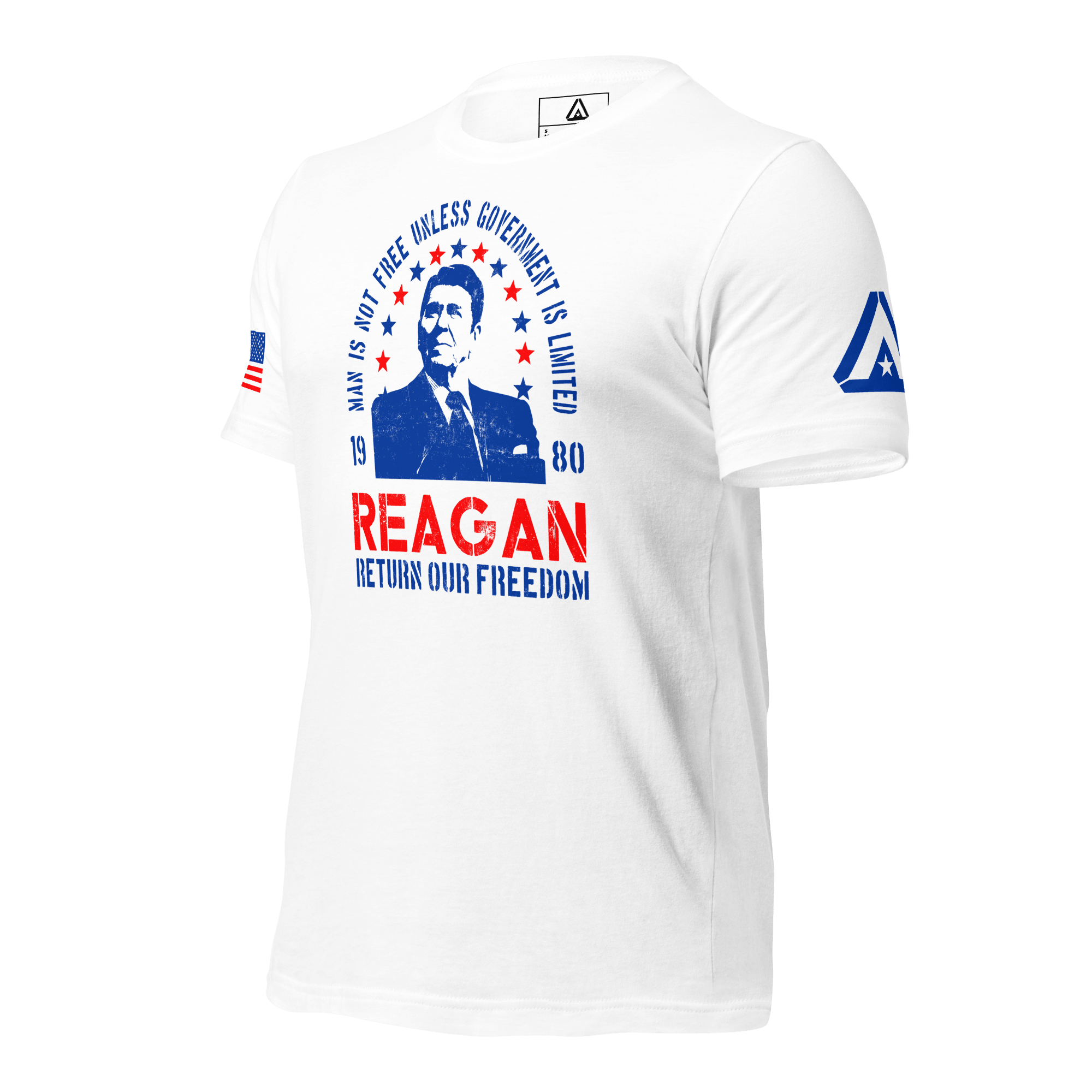 White Ronald Reagan t-shirt, three-quarter view angled right, with a blue DIA logo on the left sleeve.