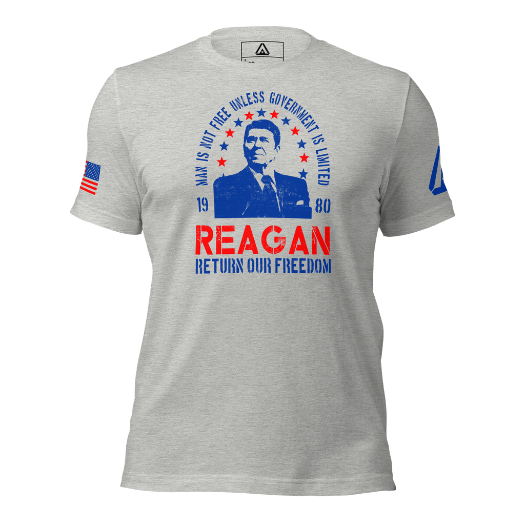 Athletic heather gray Ronald Reagan t-shirt, front view, with a blue DIA logo and American flags on the sleeves.
