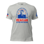 Athletic heather gray Ronald Reagan t-shirt, front view, with a blue DIA logo and American flags on the sleeves.