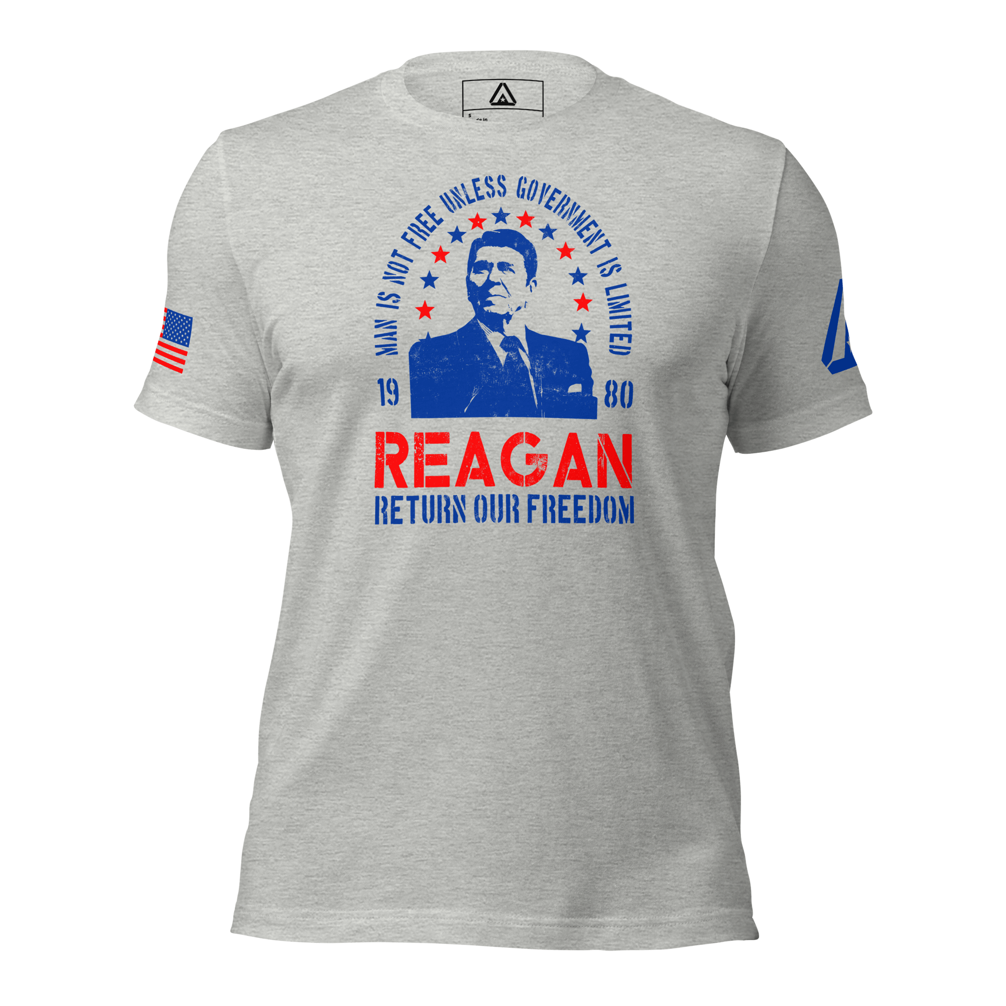 Athletic heather gray Ronald Reagan t-shirt, front view, with a blue DIA logo and American flags on the sleeves.