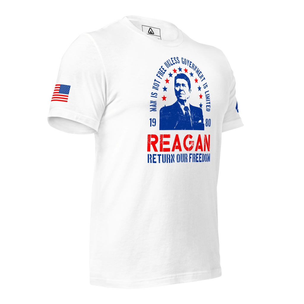 White Ronald Reagan t-shirt, three-quarter view angled left, with an American flag on the right sleeve.