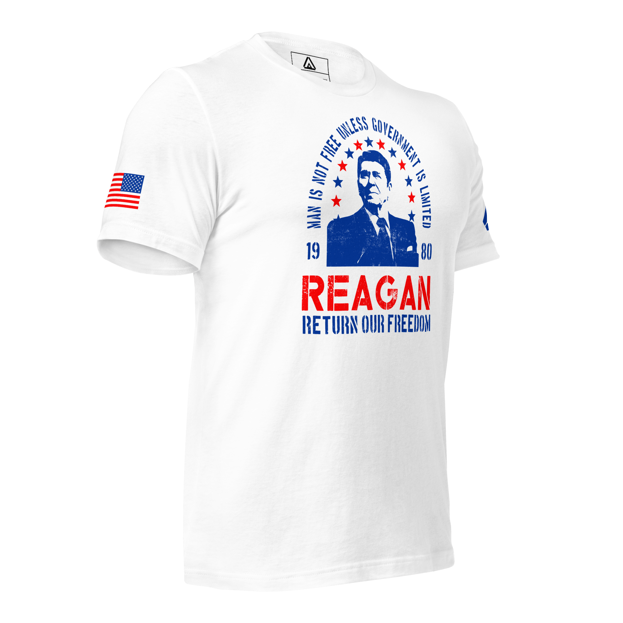 White Ronald Reagan t-shirt, three-quarter view angled left, with an American flag on the right sleeve.