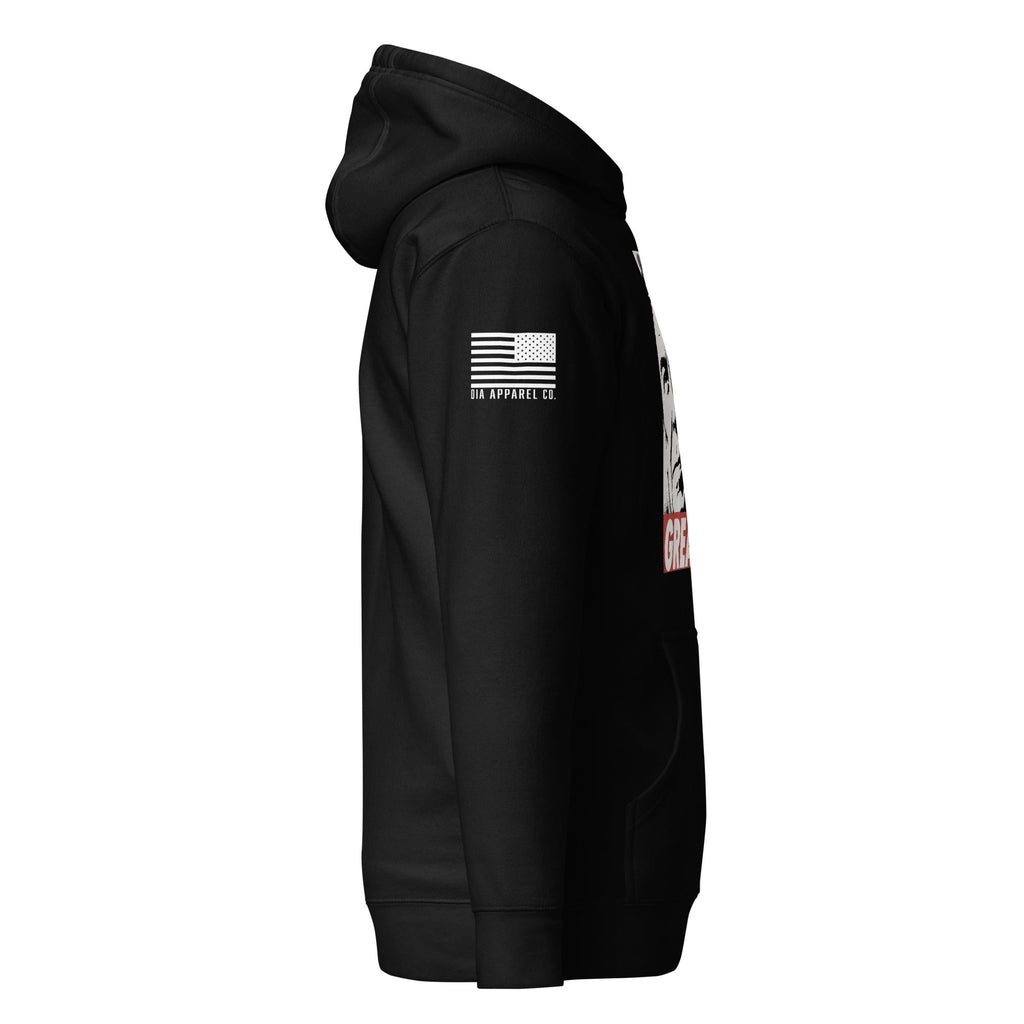 Black hoodie shown from a right-side view, featuring a white American flag patch with "DIA APPAREL CO." on the sleeve.