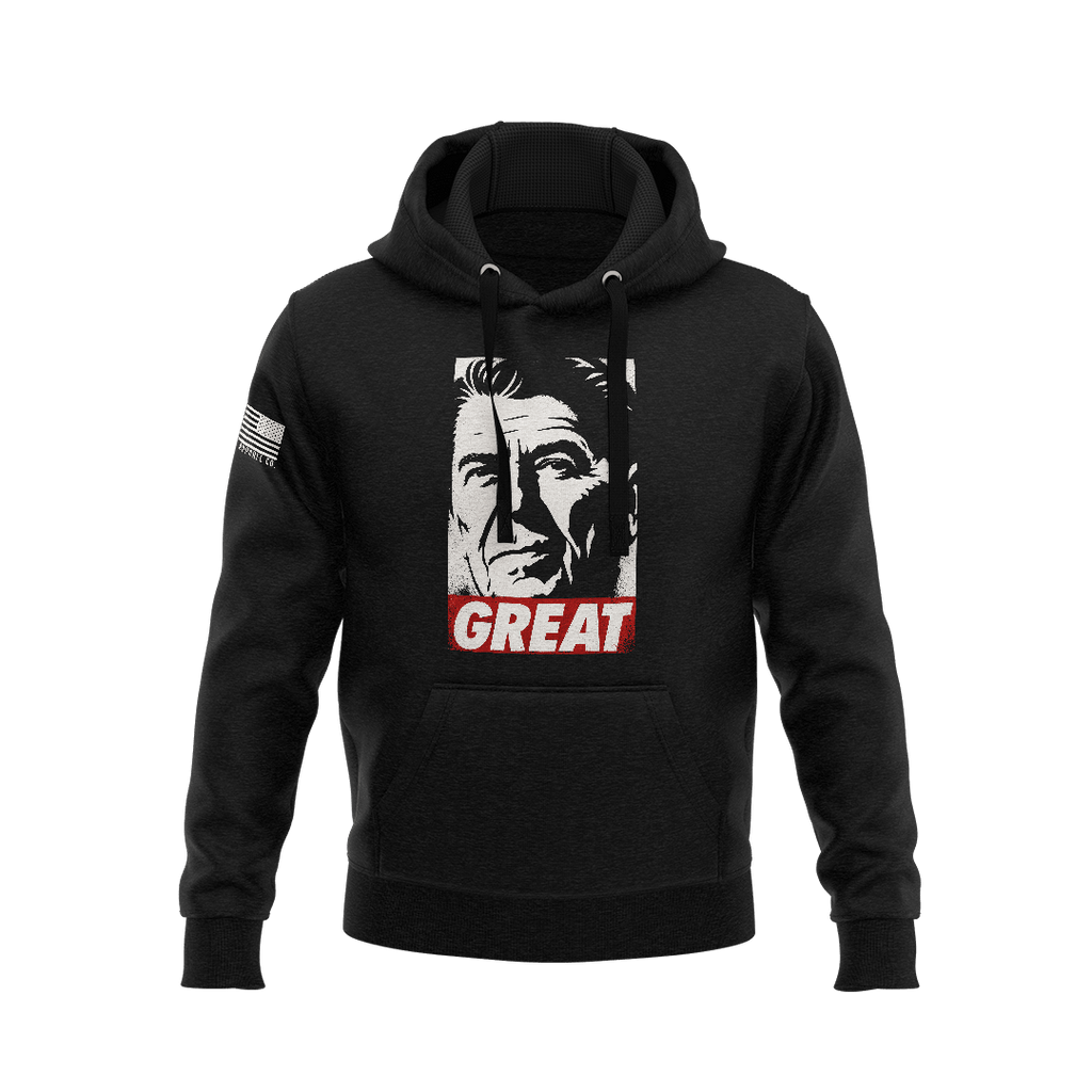 Black hoodie with a portrait graphic of Ronald Reagan, the word "GREAT," and an American flag sleeve patch.