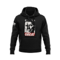 Black hoodie with a portrait graphic of Ronald Reagan, the word "GREAT," and an American flag sleeve patch.