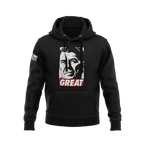 Black hoodie with a portrait graphic of Ronald Reagan, the word "GREAT," and an American flag sleeve patch.