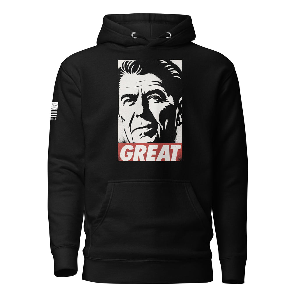 Black hoodie featuring a Ronald Reagan portrait graphic with "GREAT" text and an American flag sleeve patch.