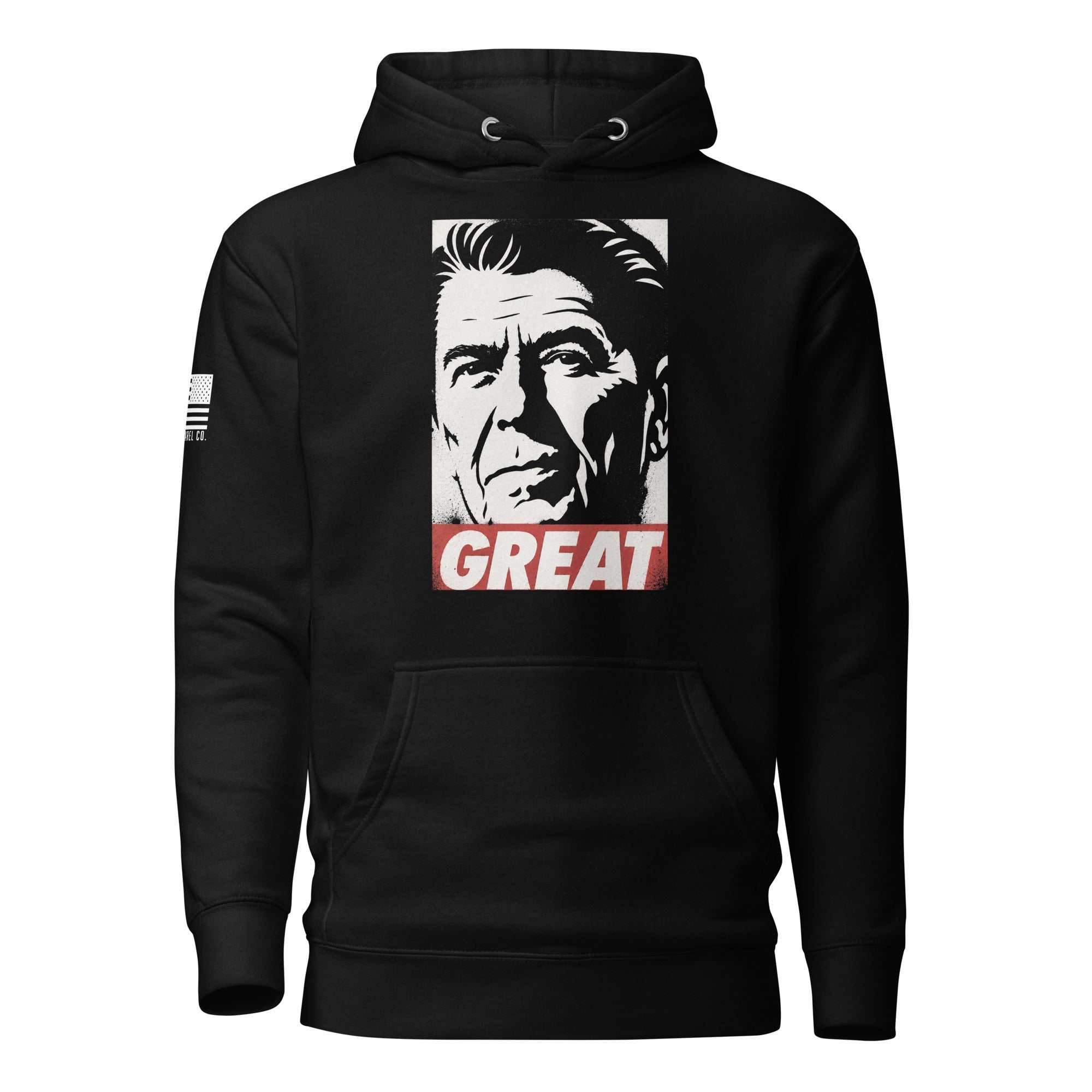 Black hoodie featuring a Ronald Reagan portrait graphic with "GREAT" text and an American flag sleeve patch.