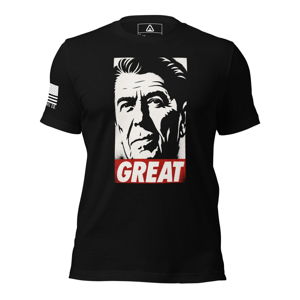 Black t-shirt featuring a stylized portrait graphic of Ronald Reagan above red text reading "GREAT" with a US flag patch.