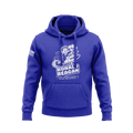 Blue hoodie featuring a cartoon Ronald Reagan riding a missile graphic with "PEACE THROUGH STRENGTH" text and an American flag sleeve patch.