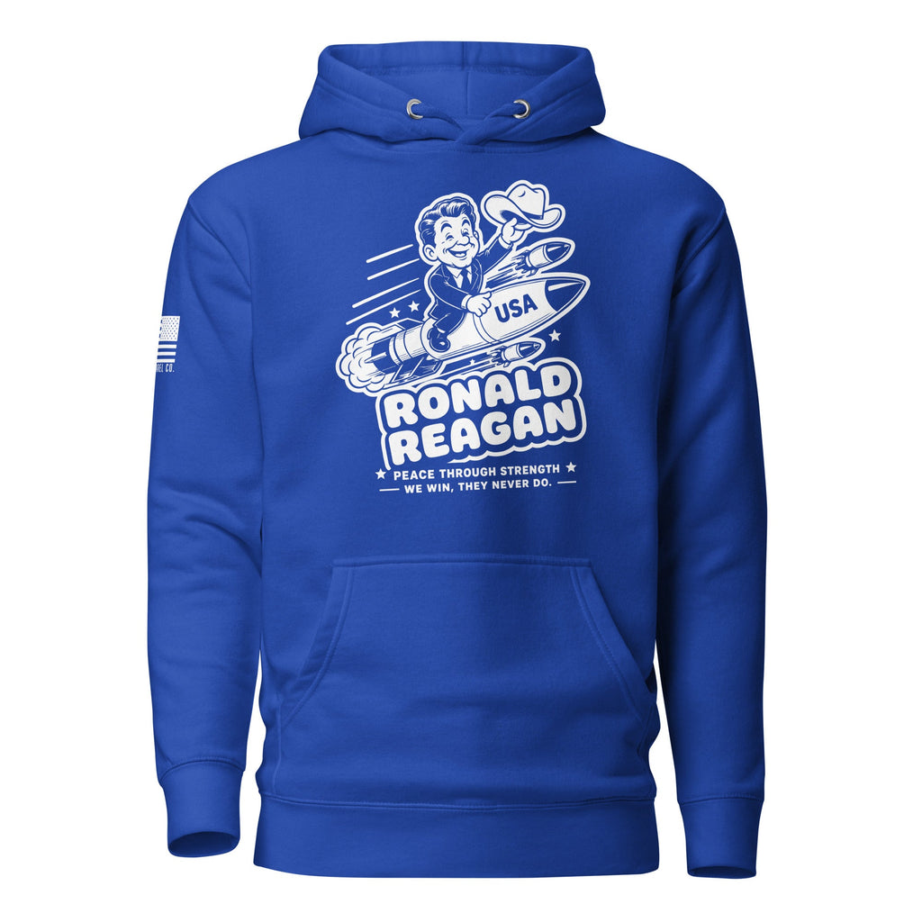 Blue hoodie featuring a cartoon Ronald Reagan on a missile graphic, American flag patch, and DIA logo on the sleeves.