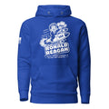 Blue hoodie featuring a cartoon Ronald Reagan on a missile graphic, American flag patch, and DIA logo on the sleeves.