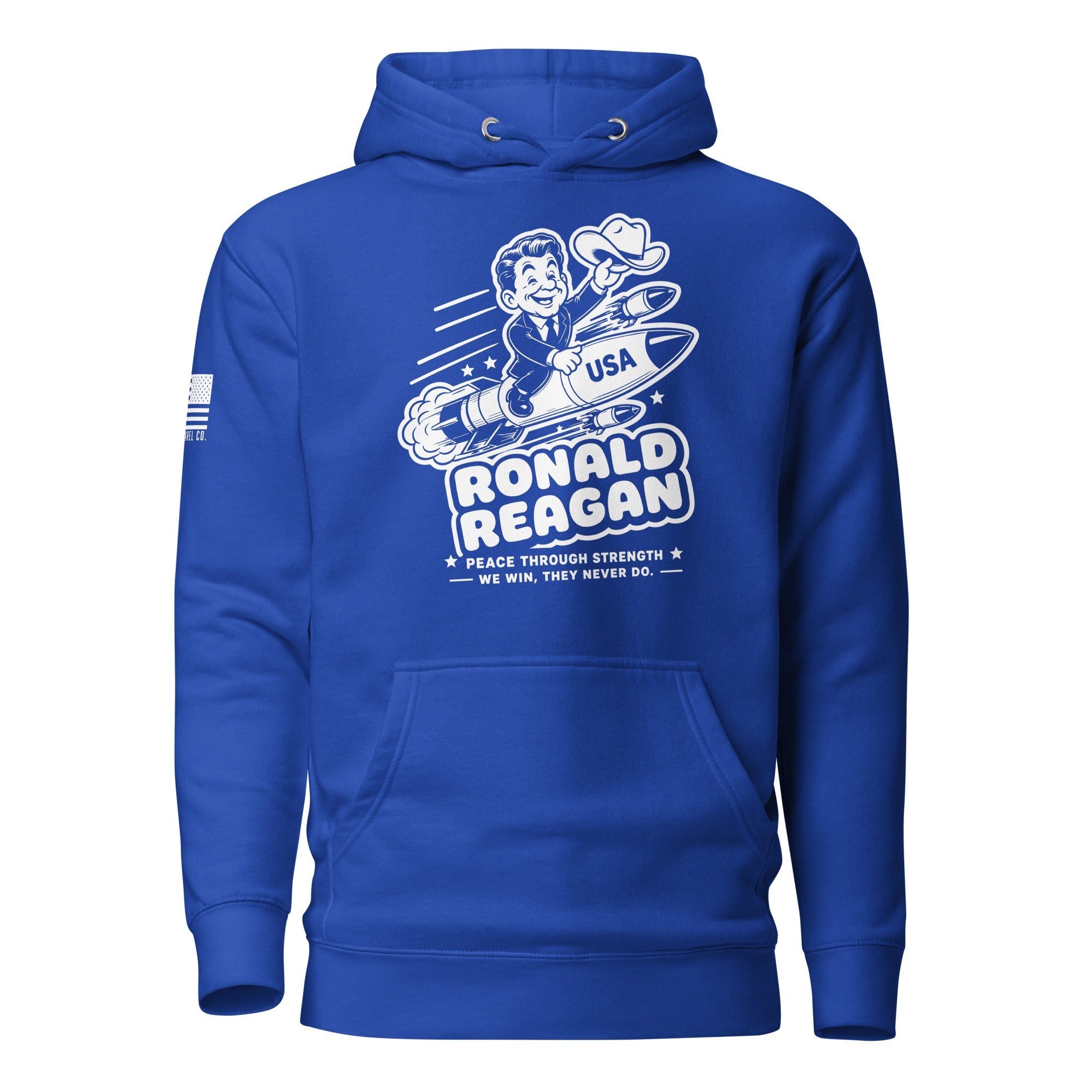 Blue hoodie featuring a cartoon Ronald Reagan on a missile graphic, American flag patch, and DIA logo on the sleeves.