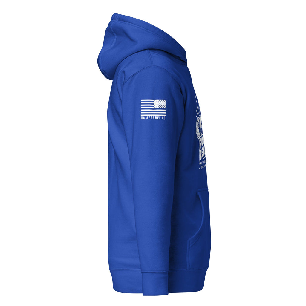 Royal blue hoodie shown from a right-side view, featuring a white American flag patch with "DIA APPAREL CO." on the sleeve.
