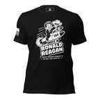 Black t-shirt featuring a cartoon Ronald Reagan on a missile graphic, American flag patch, and American flag on the sleeve.