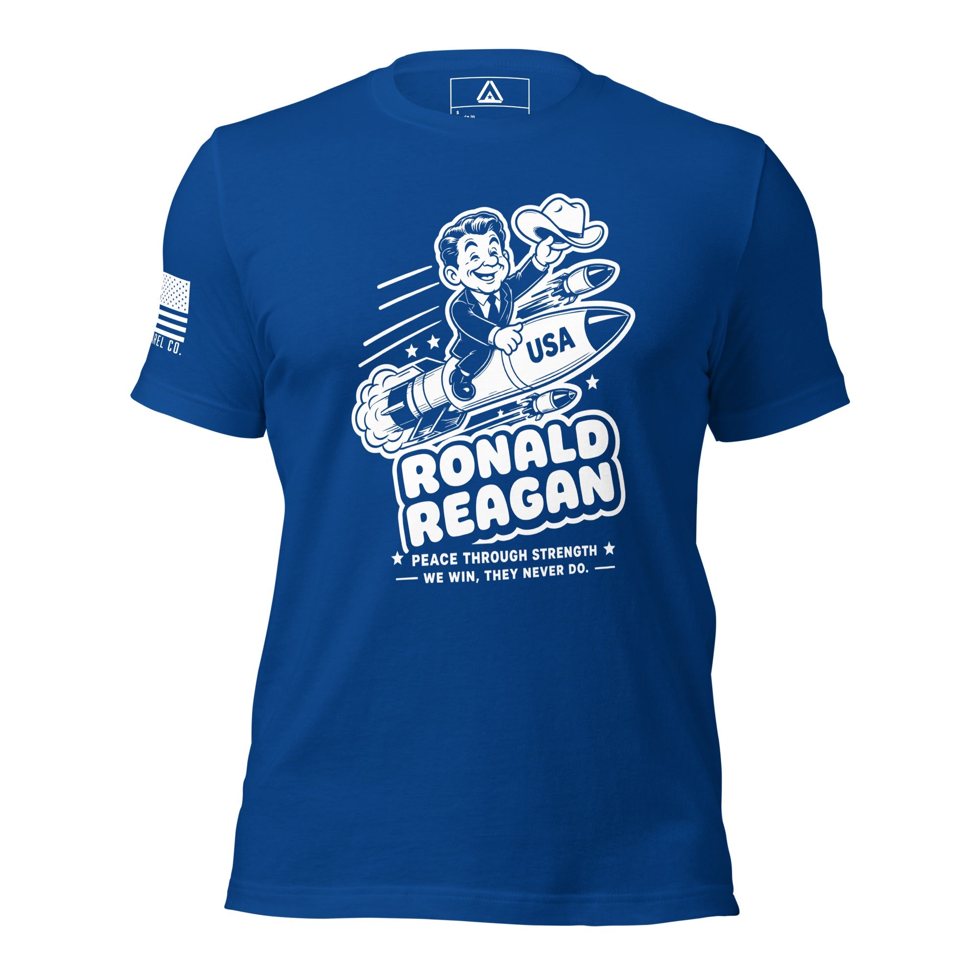 Blue t-shirt featuring cartoon Ronald Reagan on a missile graphic and American flag on the sleeve.