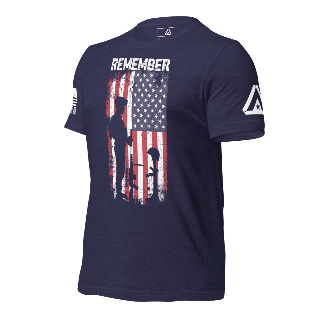 Midnight navy t-shirt, angled right, featuring a soldier silhouette graphic and white American flag.