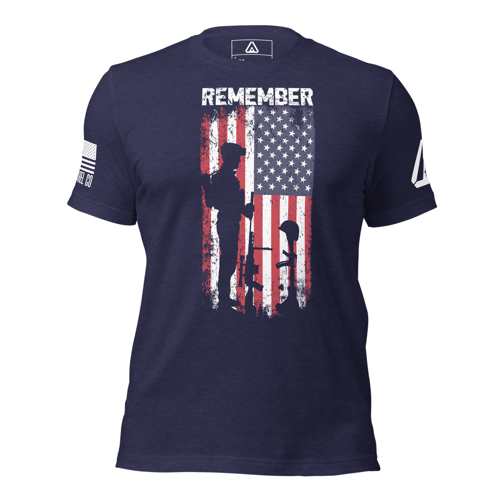 Navy t-shirt, front view, featuring a soldier silhouette and battlefield cross graphic, DIA logo, and American flag.