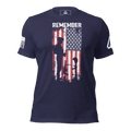 Navy t-shirt, front view, featuring a soldier silhouette and battlefield cross graphic, DIA logo, and American flag.