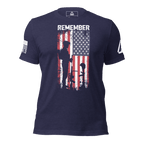 Navy t-shirt, front view, featuring a soldier silhouette and battlefield cross graphic, DIA logo, and American flag.