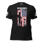 Black heather t-shirt, front view, featuring a soldier silhouette graphic, a DIA logo, and a white American flag.