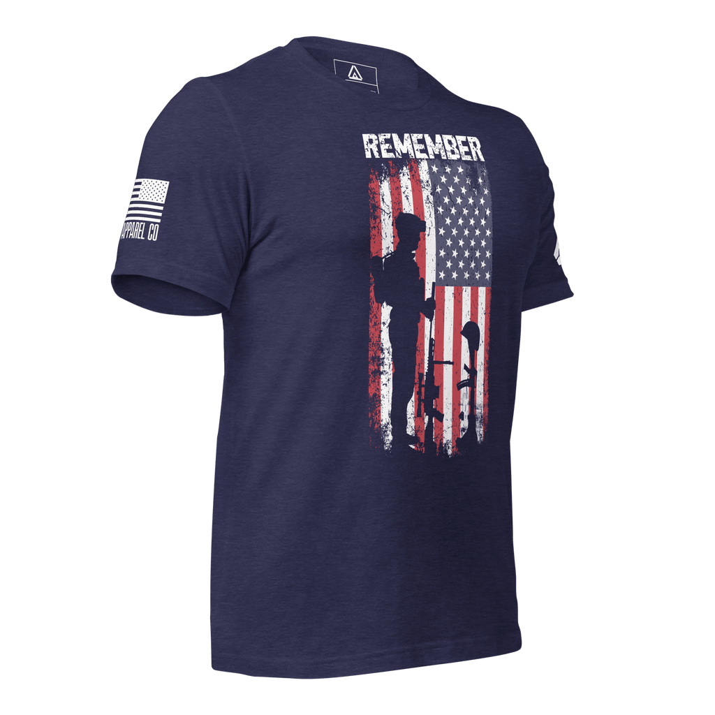 Midnight navy t-shirt, angled left, featuring a soldier silhouette graphic and white American flag.