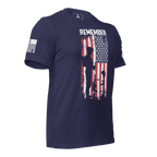 Midnight navy t-shirt, angled left, featuring a soldier silhouette graphic and white American flag.