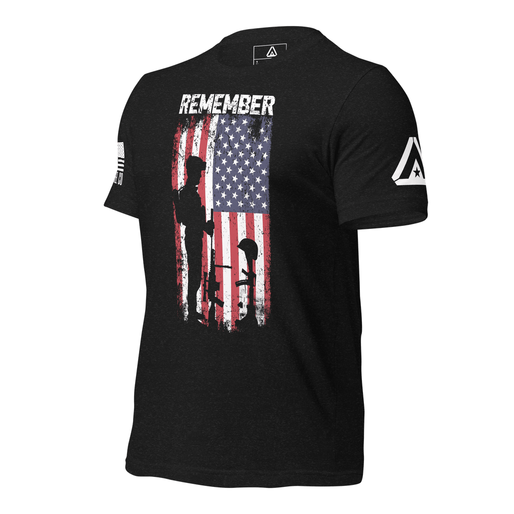 Black heather t-shirt, angled right, featuring a soldier silhouette graphic and DIA logo.