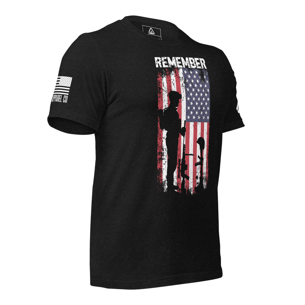 Black heather t-shirt, angled left, featuring a soldier silhouette graphic and white American flag.