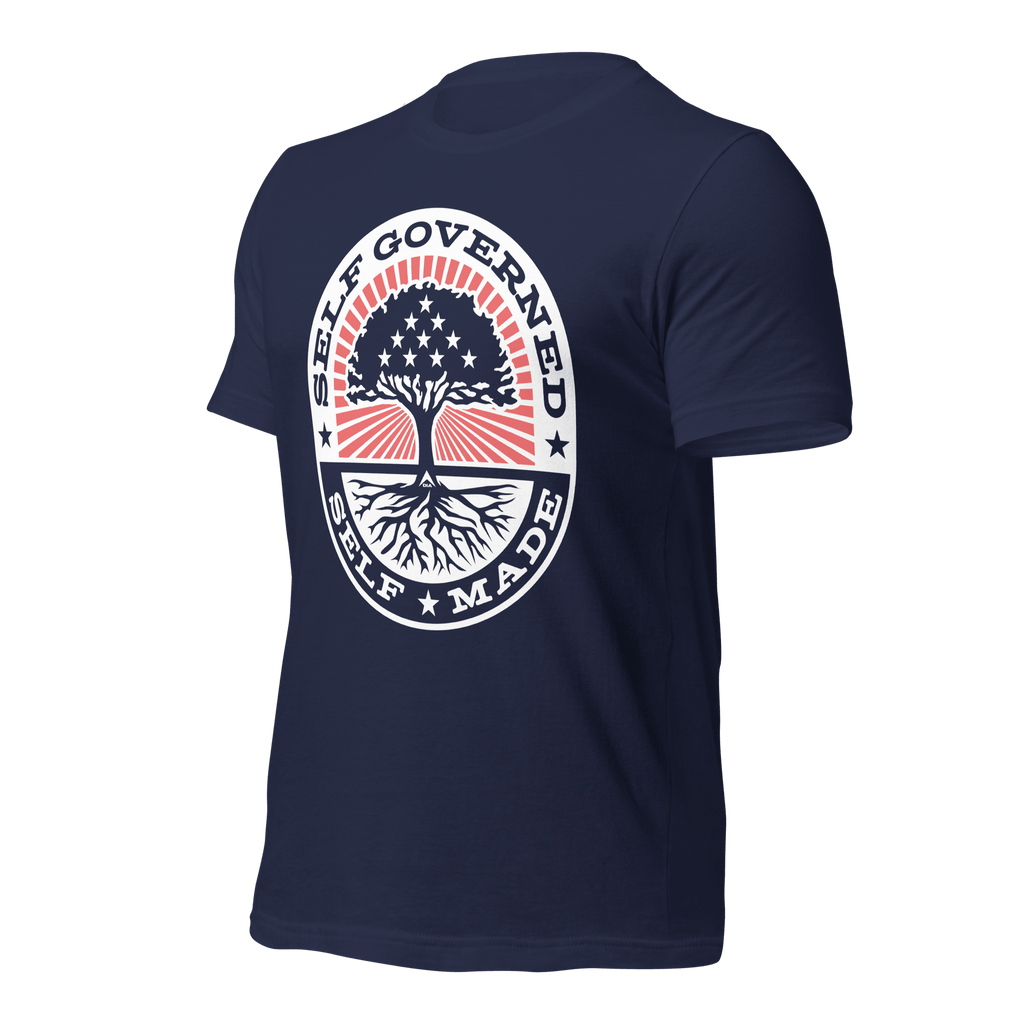 Navy t-shirt shown from a three-quarter view angled right, featuring the Self Governed Self Made graphic and DIA logo.