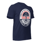 Navy t-shirt shown from a three-quarter view angled left, featuring the Self Governed Self Made graphic and DIA logo.