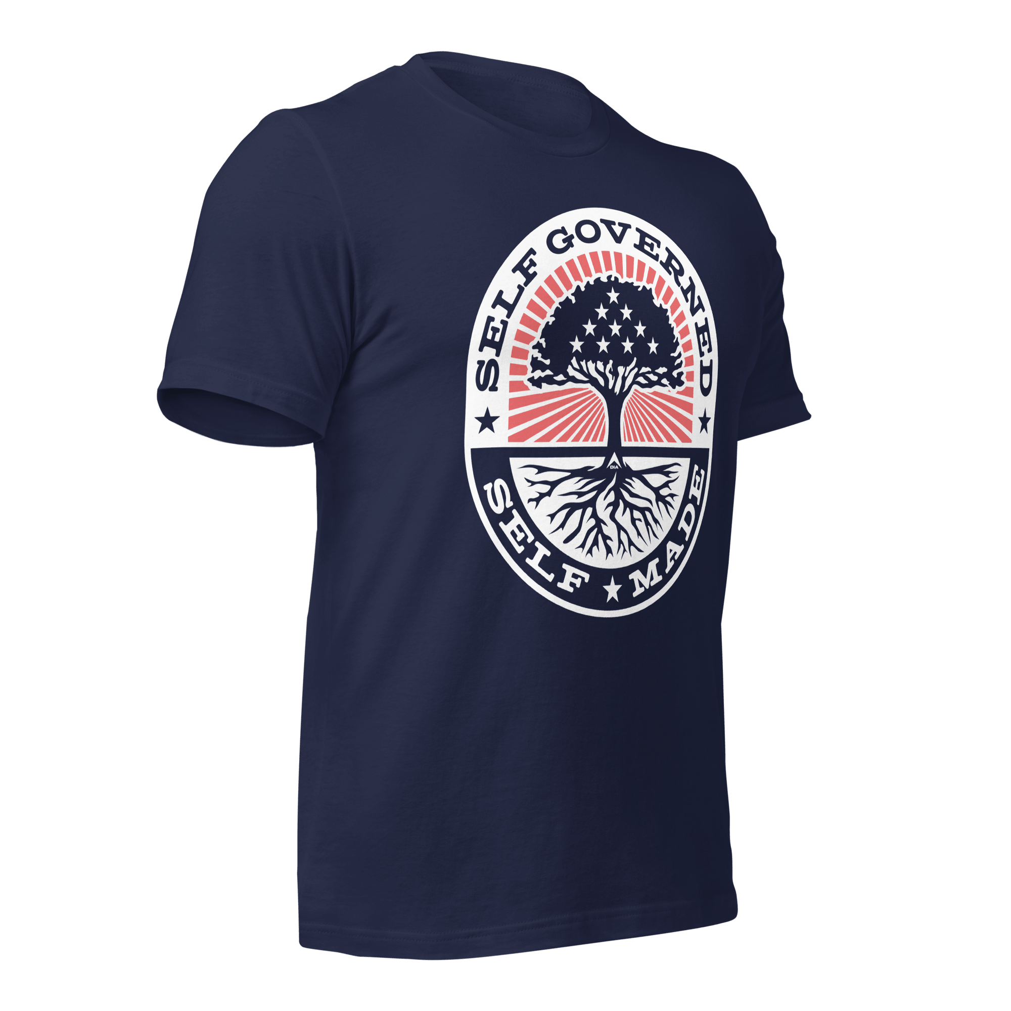 Navy t-shirt shown from a three-quarter view angled left, featuring the Self Governed Self Made graphic and DIA logo.