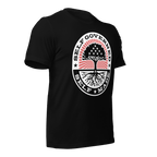 Black t-shirt shown from a three-quarter view angled left, featuring the Self Governed Self Made graphic and DIA logo.