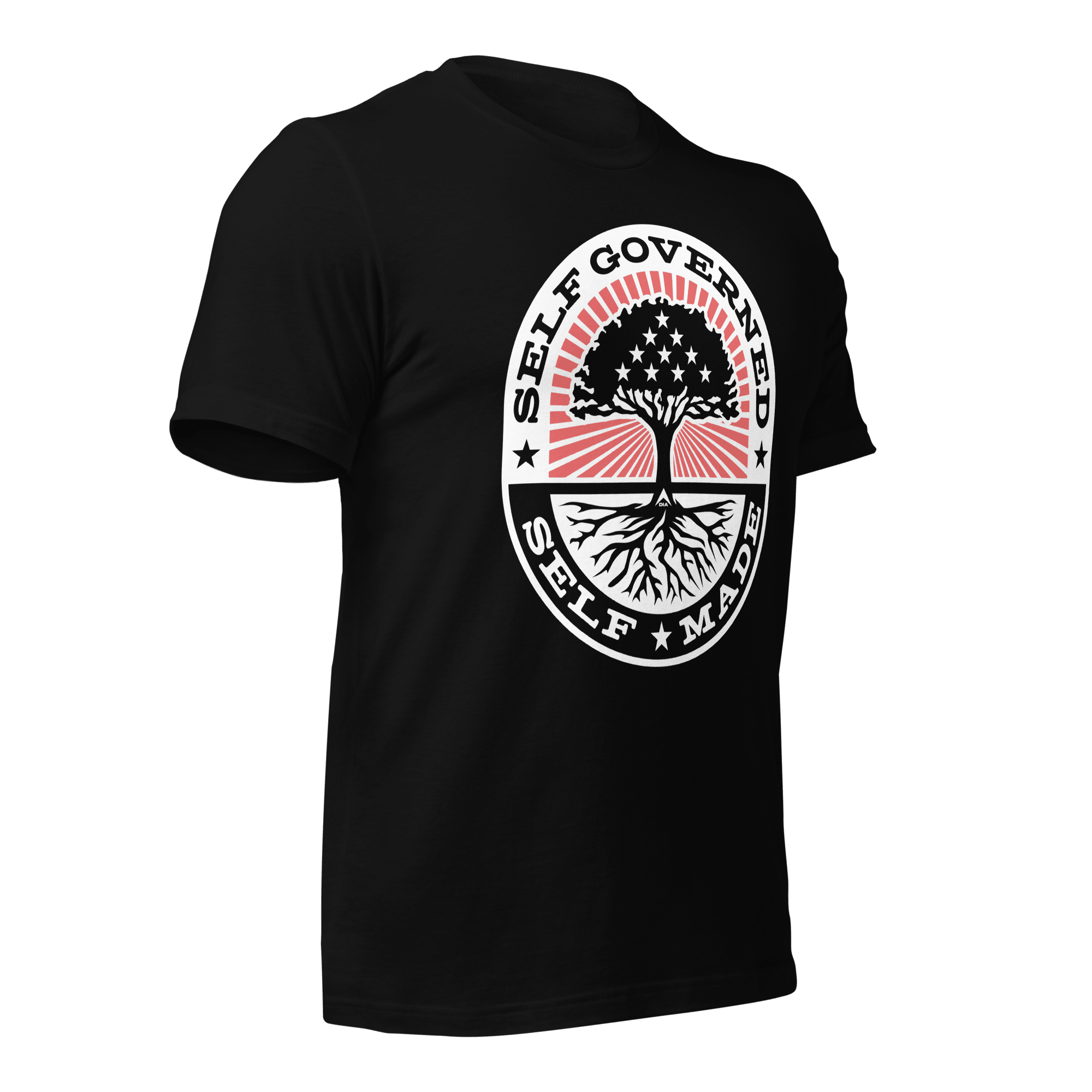 Black t-shirt shown from a three-quarter view angled left, featuring the Self Governed Self Made graphic and DIA logo.