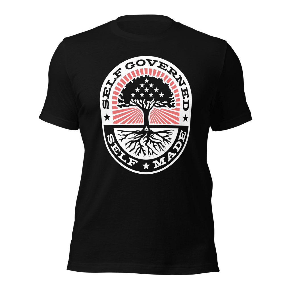 Black t-shirt, front view, circular "Self Governed Self Made" graphic featuring a tree with stars and red stripes.