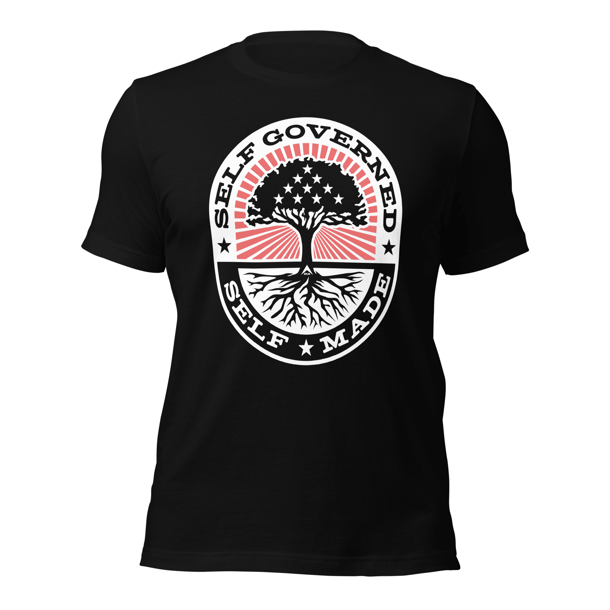 Black t-shirt, front view, circular "Self Governed Self Made" graphic featuring a tree with stars and red stripes.