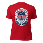 Red t-shirt, front view, circular Self Governed Self Made graphic featuring a tree with stars and red stripes.