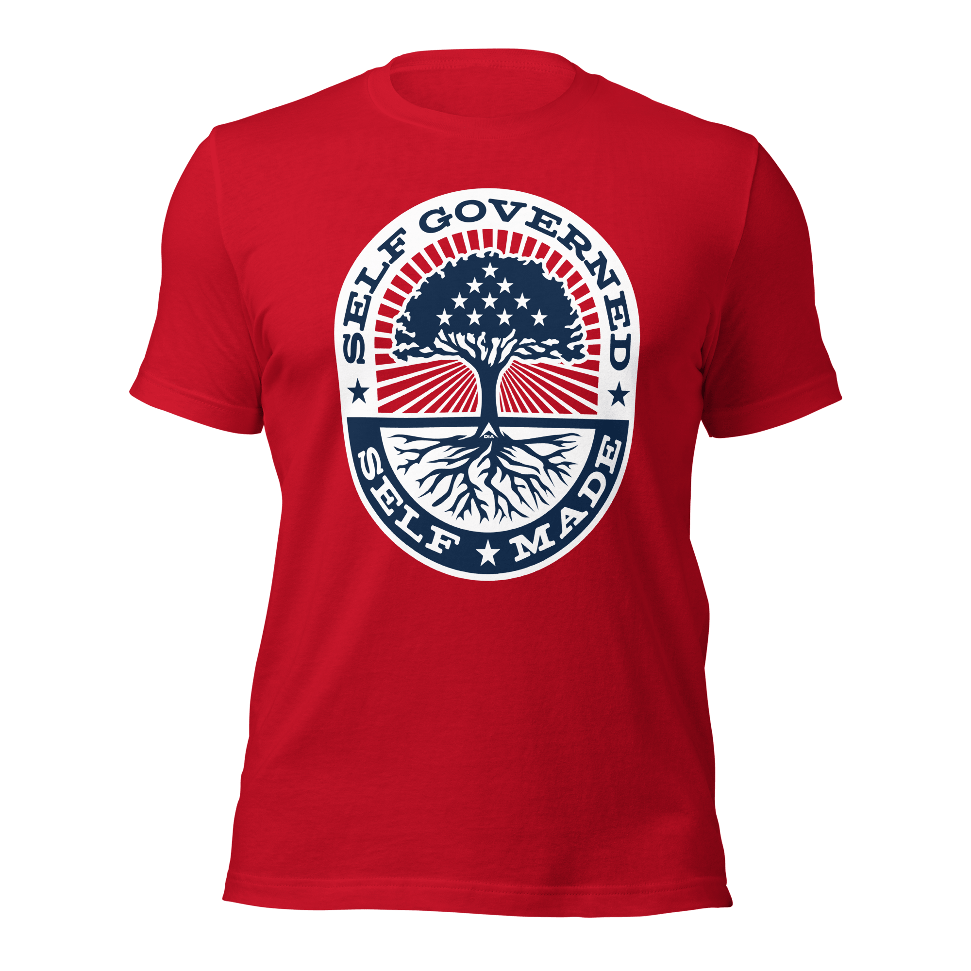 Red t-shirt, front view, circular Self Governed Self Made graphic featuring a tree with stars and red stripes.